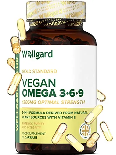 Vegan Omega 3 6 9 Capsules by Wellgard - High Strength 1386mg Flaxseed Oil Capsules with Alpha Linolenic Acid (ALA), Linoleic Acid (LA), Vitamin E | ONLY £7.85 RRP £13.99, (44% OFF!) w/ FREE DELIVERY